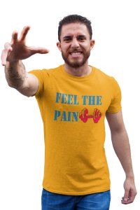 Feel The Pain, 1 Dumble, Round Neck Gym Tshirt (Yellow Tshirt) - Clothes for Gym Lovers - Suitable for Gym Going Person - Foremost Gifting Material for Your Friends and Close Ones