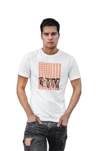 Gym Written in Front of a Flag,(BG Orange), Round Neck Gym Tshirt (White Tshirt) - Clothes for Gym Lovers - Foremost Gifting Material for Your Friends and Close Ones