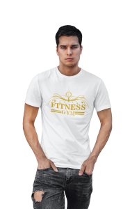 Fitness Gym, 2 Dashes (BG Golden), Round Neck Gym Tshirt (White Tshirt) - Clothes for Gym Lovers - Foremost Gifting Material for Your Friends and Close Ones