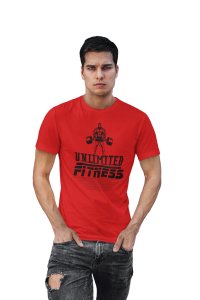 Unlimited Fitness, (5 Red Block Lines) Broken Text Round Neck Gym Tshirt (Red Tshirt) - Clothes for Gym Lovers - Suitable for Gym Going Person - Foremost Gifting Material for Your Friends and Close Ones