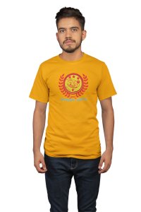 Fitness Center, Red Leaves Outside The Circle, Round Neck Gym Tshirt (Yellow Tshirt) - Clothes for Gym Lovers - Foremost Gifting Material for Your Friends and Close Ones