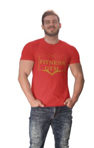 Fitness Gym, (BG Golden), Round Neck Gym Tshirt (Red Tshirt) - Clothes for Gym Lovers - Suitable for Gym Going Person - Foremost Gifting Material for Your Friends and Close Ones