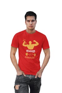 Hard But Fruitful, (BG Yellow, Blue, and Orange), Round Neck Gym Tshirt (Red Tshirt) - Clothes for Gym Lovers - Foremost Gifting Material for Your Friends and Close Ones