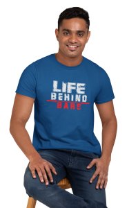 Life Behind Bars, Round Neck Gym Tshirt (BG Blue, Red) (Blue Tshirt) - Clothes for Gym Lovers - Suitable for Gym Going Person - Foremost Gifting Material for Your Friends and Close Ones