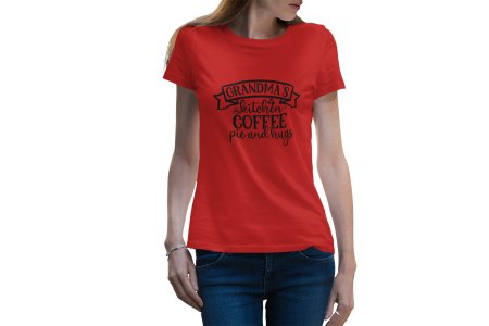 Grandma's kitchen Coffee pie and hugs - Red - printed t shirt - comfortable round neck cotton.