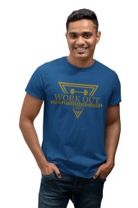 Workout 100%, (BG Golden), Round Neck Gym Tshirt (Blue Tshirt) - Clothes for Gym Lovers - Suitable for Gym Going Person - Foremost Gifting Material for Your Friends and Close Ones