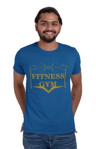 Fitness Gym, 5 Stars, (BG Golden), Round Neck Gym Tshirt (Blue Tshirt) - Clothes for Gym Lovers - Suitable for Gym Going Person - Foremost Gifting Material for Your Friends and Close Ones