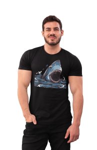Shark attacking - Black - printed T-shirts -Abstract Funny thoughtful creative illustrations - Men's stylish clothing - Cool tees for boys