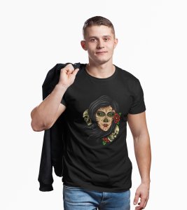 Horror skull girl illustration art -round crew neck cotton tshirts for men