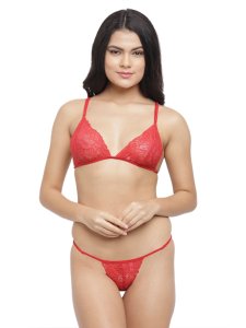 N-Gal Women's Sheer Lace See through Lingerie Underwear Lace Bra G-String Panty Set_Red