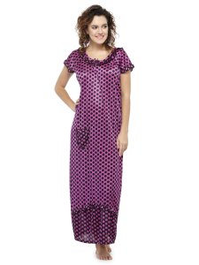 N-Gal Women's Satin Half Sleeves Polka Dot Nighty Night Dress Nightwear_Purple
