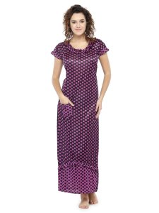 N-Gal Women's Satin Half Sleeves Polka Dot Nighty Night Dress Nightwear_Purple