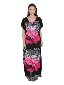 N-Gal Women's Satin Floral Long Nighty Night Dress Nightwear_Pink