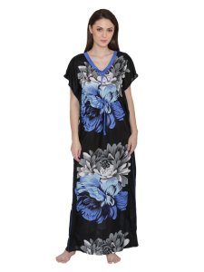 N-Gal Women's Satin Floral Long Nighty Night Dress Nightwear_Blue