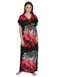 N-Gal Women's Satin Floral Long Nighty Night Dress Nightwear_Red