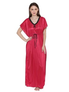 N-Gal Women's Satin Nighty Night Dress Nightwear with G,String_Red