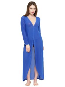 N-Gal Women's Polyester Spandex Sheer Long Sleeve Front Slit Bridal Nightwear with G-String_Blue