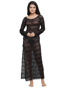 N-Gal Women's Polyester Exotic Lace Open Side Bridal Long Nighty Night Gown Nightwear with G-String_Black