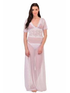 N-Gal Women's V-Neck Splicing Lace Nighty Night Dress Nightwear with G-String_White