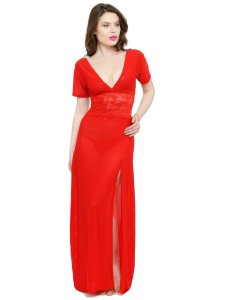 N-Gal Women's V-Neck Splicing Lace Nighty Night Dress Nightwear with G-String_Red