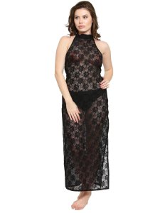 N-Gal Women's Polyester See-Thru Side Slit Lace Gown Night Dress with G-String_Black