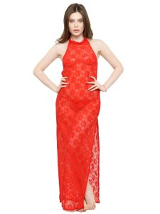 N-Gal Women's Polyester See-Thru Side Slit Lace Gown Night Dress with G-String_Red