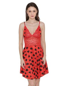 N-Gal Women's Satin Heart Print Babydoll Dress Nightwear_Red