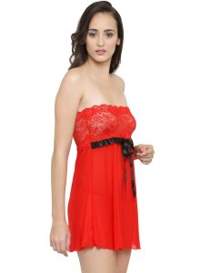 N-Gal Women's Polyester Spandex Strapless Sheer Babydoll Night Dress with G-String_Red_Medium
