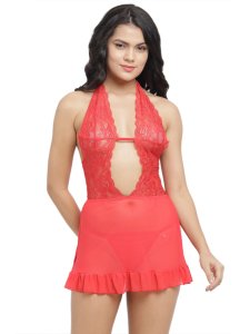 N-Gal Women's Polyester Spandex Front Cut Out Lace Halter Neck Sheer Babydoll Night Dress with G-String_Red