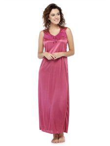 N-Gal Women's Satin Solid Wide Strap Satin Nighty Night Dress Nightwear_Pink
