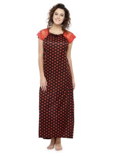 N-Gal Women's Satin Polka Dot Print Short Lace Sleeves Nighty Night Dress Nightwear_Red