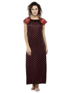 N-Gal Women's Satin Polka Dot Print Short Lace Sleeves Nighty Night Dress Nightwear_Maroon