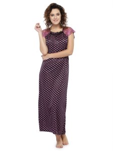 N-Gal Women's Satin Polka Dot Print Short Lace Sleeves Nighty Night Dress Nightwear_Purple