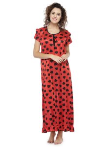 N-Gal Women's Satin Short Sleeves Hearts Print Maxi Nightwear Nightdress_Red