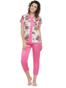N-Gal Women's Satin Short Sleeves Floral Print Top Pyjama Set Nightwear Nightsuit_Pink_S