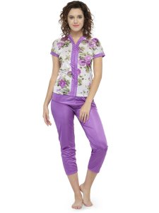 N-Gal Women's Satin Short Sleeves Floral Print Top Pyjama Set Nightwear Nightsuit_Purple_S