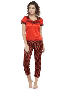 N-Gal Women's Satin Short Sleeves Polka Dot Print Top Pyjama Set Nightwear Nightsuit_Red