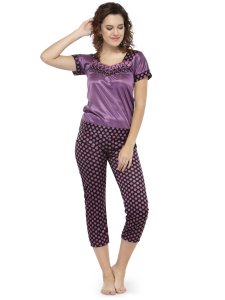 N-Gal Women's Satin Short Sleeves Polka Dot Print Top Pyjama Set Nightwear Nightsuit_Purple