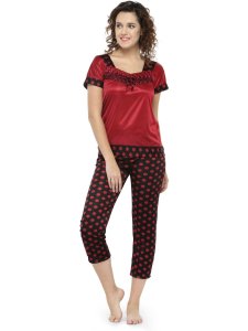 N-Gal Women's Satin Short Sleeves Polka Dot Print Top Pyjama Set Nightwear Nightsuit_Maroon