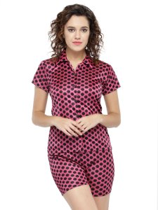 N-Gal Women's Satin Polka Dot Print Short Sleeves Shirt & Short Nightwear Lounge Sets_Pink