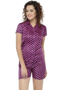 N-Gal Women's Satin Polka Dot Print Short Sleeves Shirt & Short Nightwear Lounge Sets_Purple