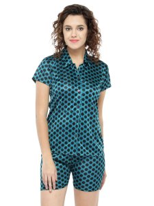 N-Gal Women's Satin Polka Dot Print Short Sleeves Shirt & Short Nightwear Lounge Sets_Green