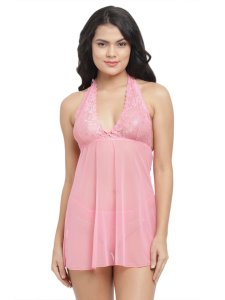 N-Gal Women's Polyester Spandex Halter Neck Sheer Premium Soft Babydoll Dress Nightwear with G-String_Light Pink