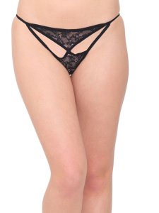 N-Gal Women's Sheer Lace Cut Out Adjustable Waist Band G-String Thong Panty_Black
