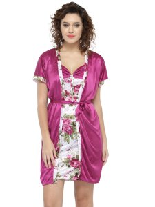 N-Gal Women's Satin Floral Pattern Short Nighty Robe Nightwear_Magenta