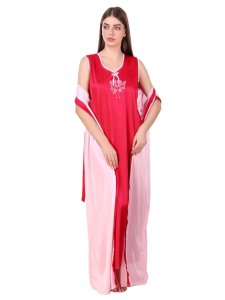 N-Gal Women's Satin Floral Pattern Embroidered Royal Long Nighty Gown with Robe Lingerie 2 Pcs Nightwear Set, Pink