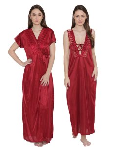 N-Gal Women's Embroidered Lace Bridal Long Nighty with Robe Lingerie 2 Pcs Nightwear Set_Maroon