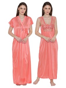 N-Gal Women's Embroidered Lace Bridal Long Nighty with Robe Lingerie 2 Pcs Nightwear Set_Orange