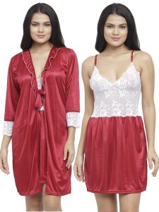 N-Gal Women's Satin Embroidered Knee Length Nighty Gown with Robe Lingerie 2 Pcs Nightwear Set_Maroon