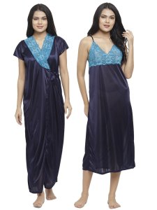 N-Gal Women's Satin Patch Lace Embroidered Long Nighty Gown with Robe Lingerie 2 Pcs Nightwear Set_NavyBlue